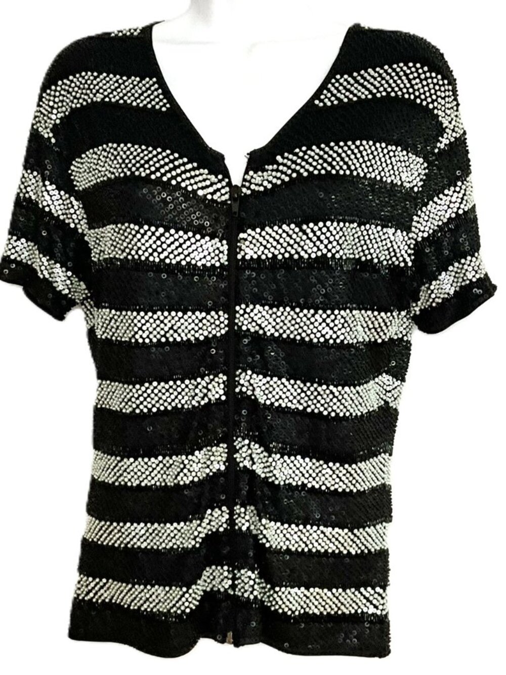 MONDI Black & White Beaded Sequin Stretch Top Size 34 Indonesia